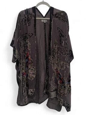 World Market Velvet Butterfly Print Short Sleeve Semi Sheer Kimono